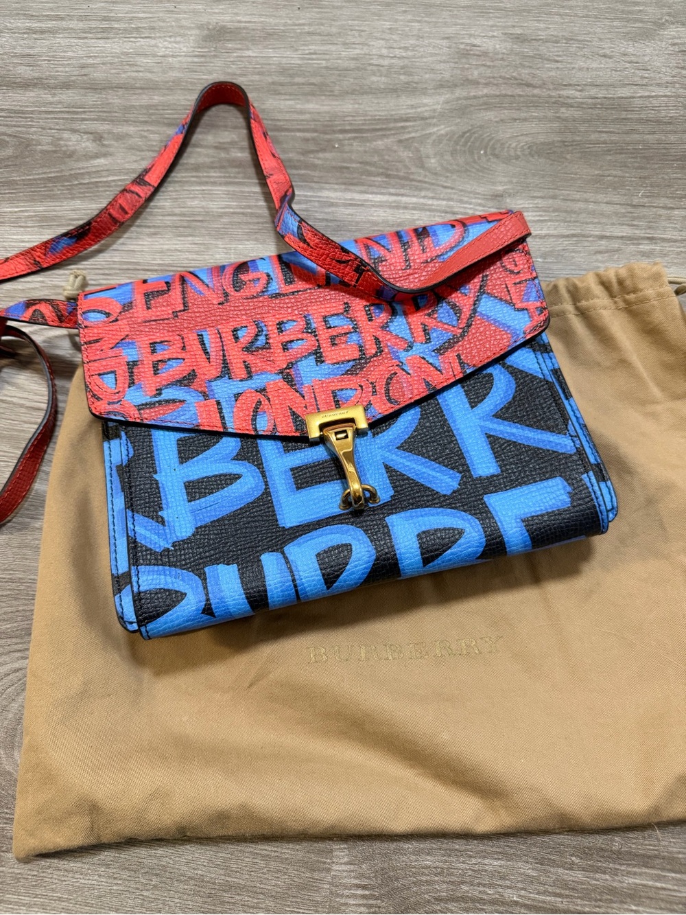 Burberry Two-Tone Graffiti Leather Crossbody in Blue & Red